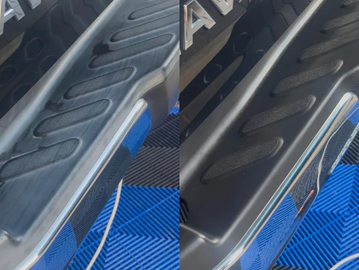 Before-and-after restoration of faded black exterior vehicle trim