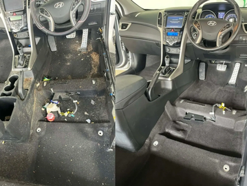 Before and after cleaning a car interior.