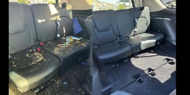 BEFORE-AND-AFTER DEEP INTERIOR CAR DETAIL SHOWING DIRTY REAR SEATS, CARPETS AND CARGO AREA RESTORED 