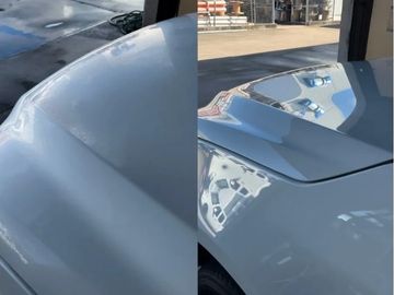 Before-and-after machine paint enhancement showing improved gloss and clarity on a vehicle bonnet
