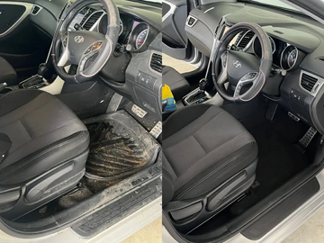 Before and after cleaning of a car's interior, focusing on the driver's seat and floor.