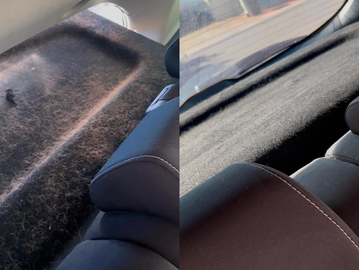 Before-and-after pet hair removal from a vehicle’s carpeted interior