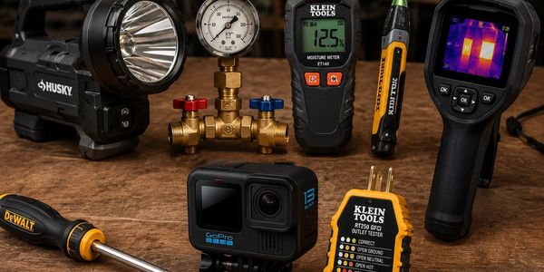 Various tools including a flashlight, moisture meter, thermal camera, and GoPro on a wooden surface.