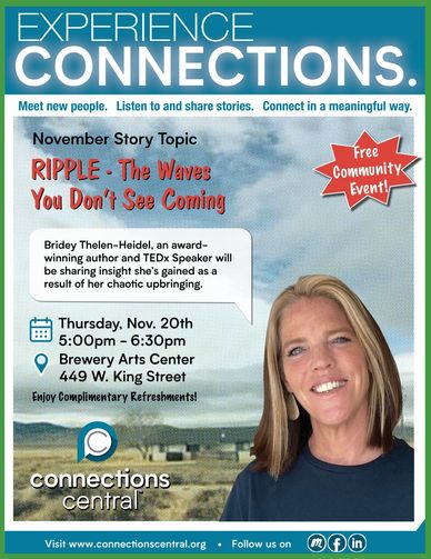 Event poster for a community storytelling session with author Bridey Thelen-Heidel.