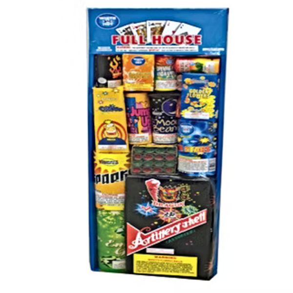 Assorted fireworks pack labeled 'Full House' with various colorful fireworks.