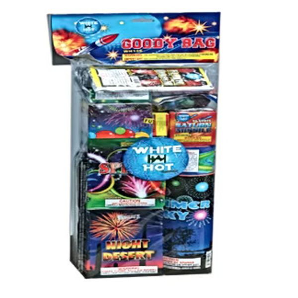 A colorful firework assortment package labeled 'Goody Bag' with various fireworks inside.