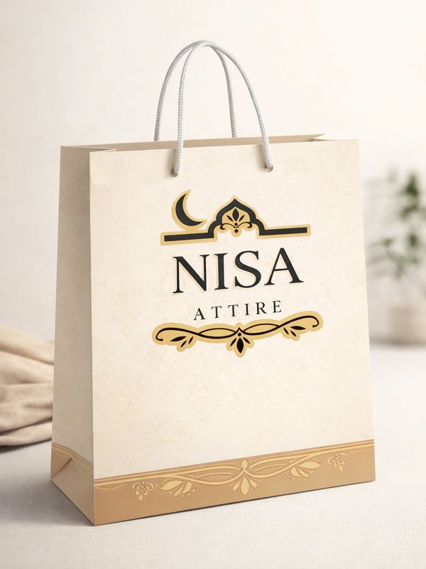 Elegant beige shopping bag with NISA Attire branding and gold decorative accents.
