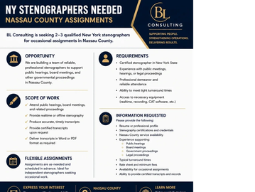 NY Stenography opportunity flyer, with assignment details.
