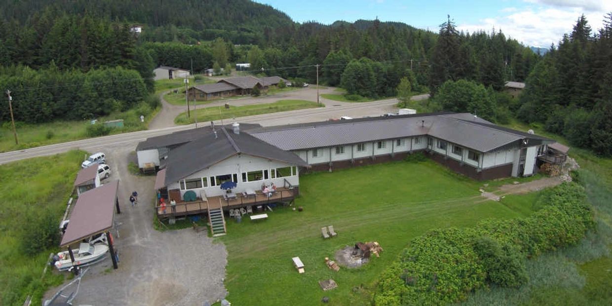 Areal shot of Icy Strait Lodge looking in from the water side. 