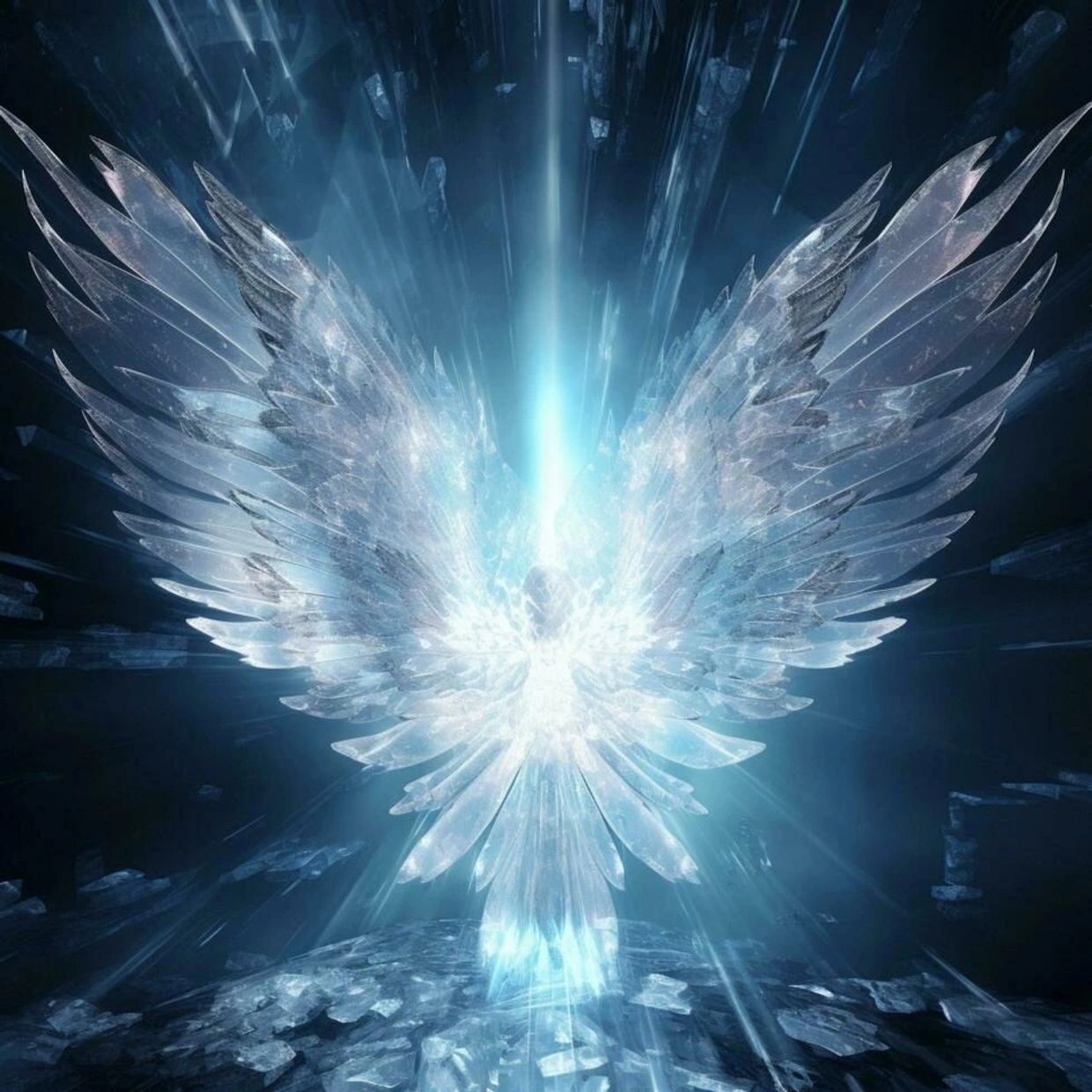 Glowing crystal bird with wings spread.