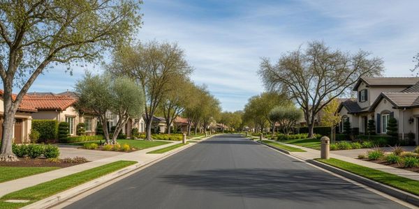 Quiet suburban street lined with trees and houses on a sunny day.