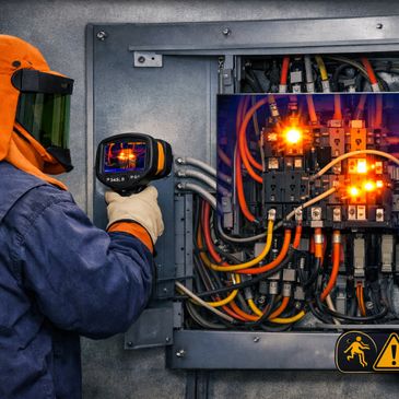 Technician uses thermal camera to inspect electrical panel with glowing hotspots.