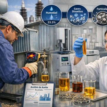 Technicians analyze oil samples and monitor humidity, dissolved gases, and particles in an industrial setting.