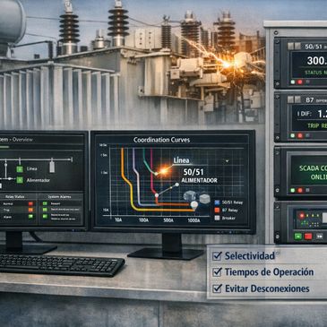 Control room monitoring electrical substation operations with detailed coordination curves.