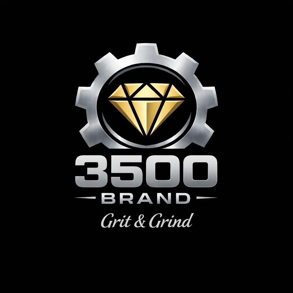 Logo of 3500 Brand with a golden diamond and gear on black background.
