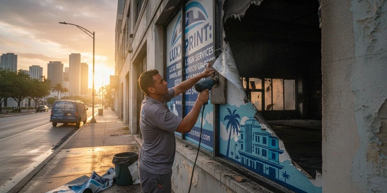 Worker removing old signage from a building at sunset.