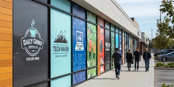 People walking past colorful storefronts with tech and coffee logos.