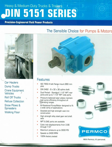The features of the DIN 5151 Series Pump and motor. 