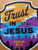 Colorful sticker with 'Trust in Jesus' and a mountain scene.