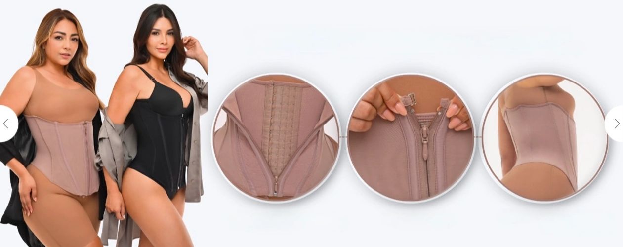 Women modeling shapewear corsets with close-ups of design features.