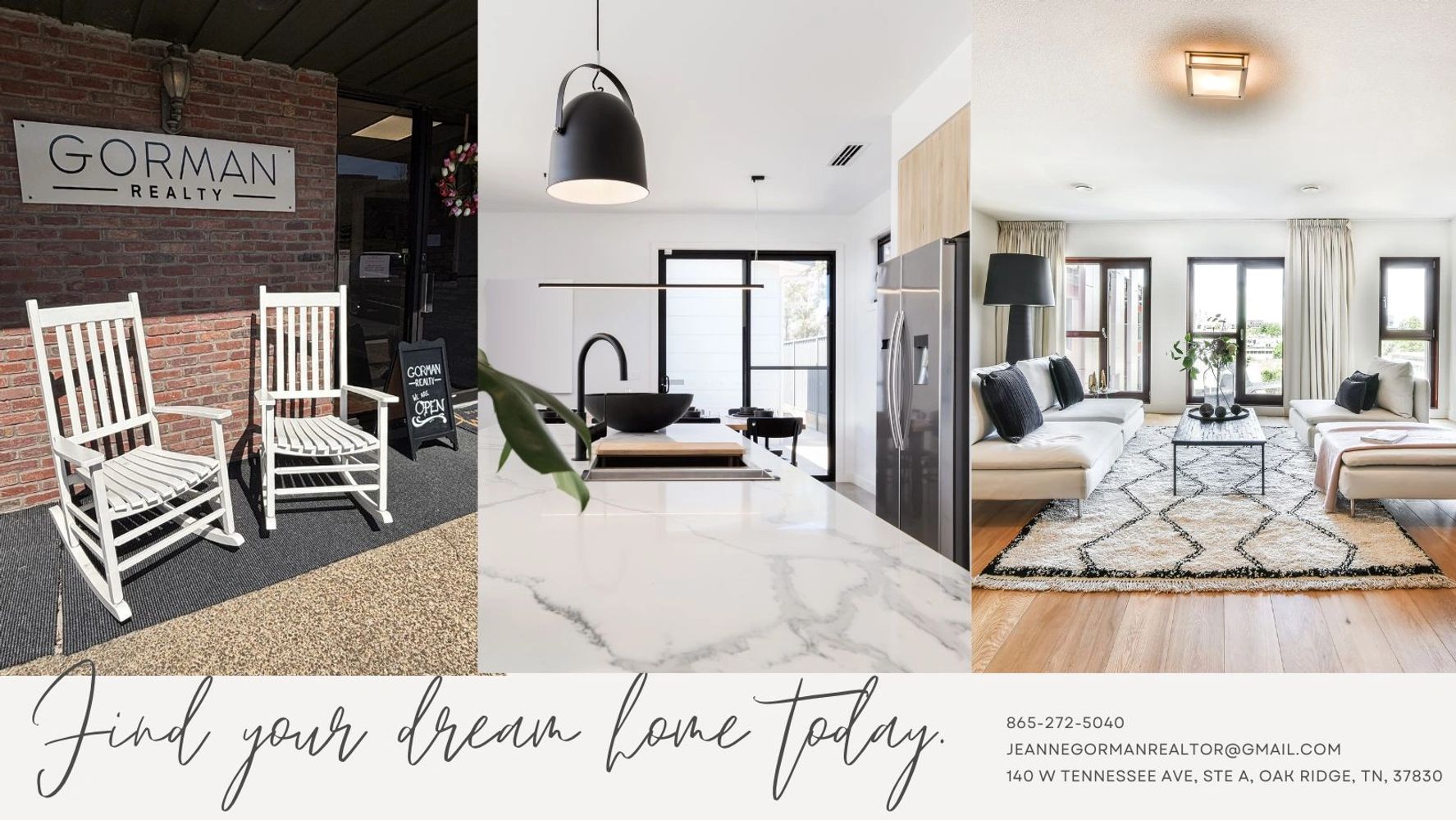 Real estate ad showcasing a stylish home interior and contact info for Gorman Realty.