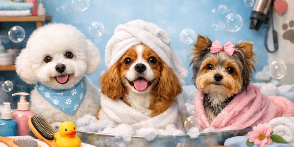 Three adorable dogs enjoying a bubbly spa day with towels and grooming tools.