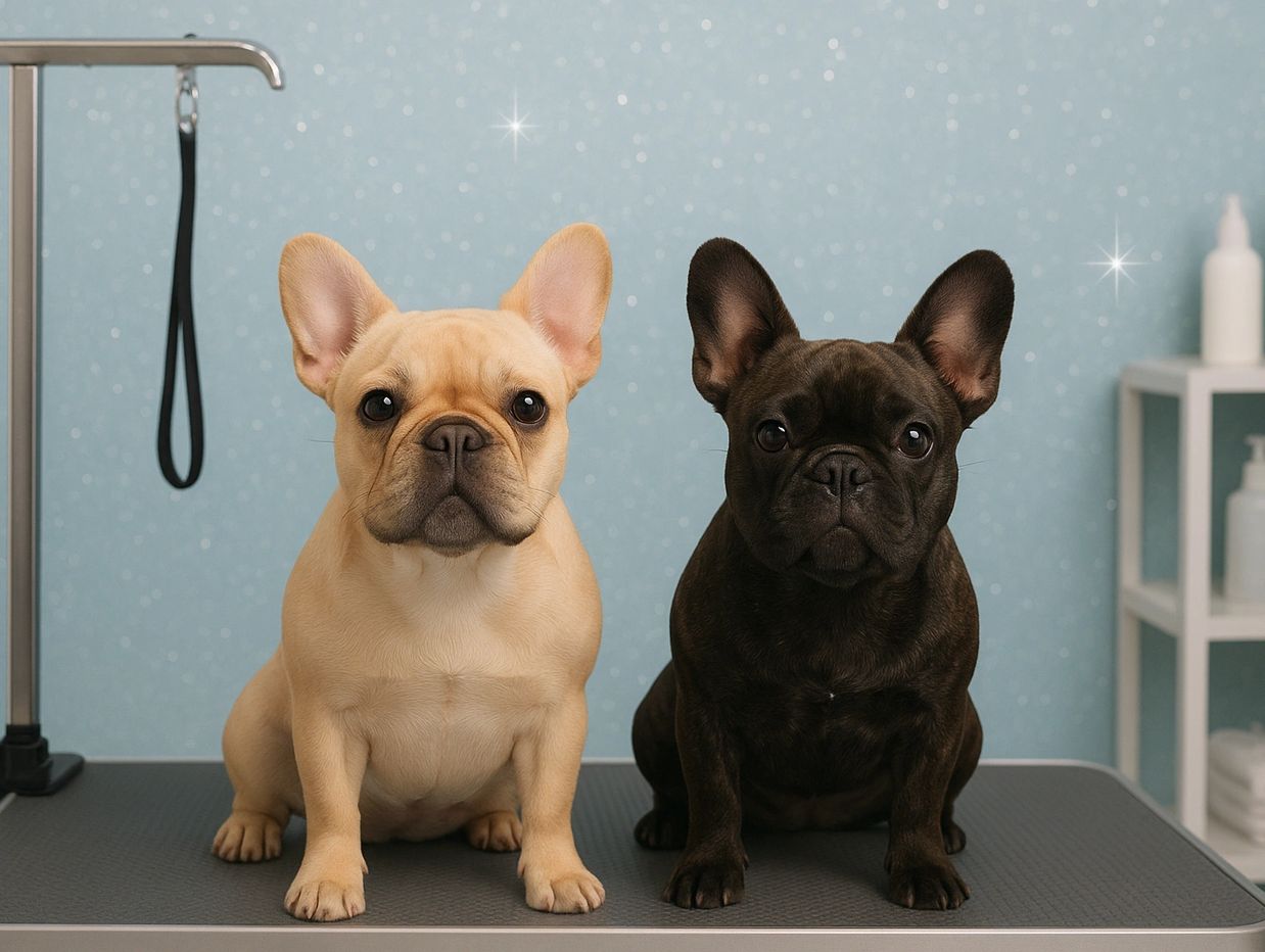 Two French Bulldogs sitting side by side on a grooming table.