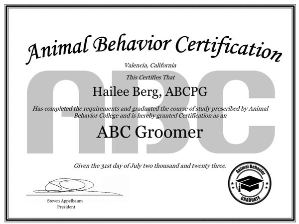 Certification for Hailee Berg as an ABC Groomer from Animal Behavior College.