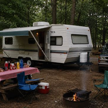 A camper trailer set up in a forest campsite with a fire pit and picnic table.