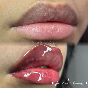 Before and after photo of lip blushing for permanent makeup, a form of Cosmetic Tattooing. 