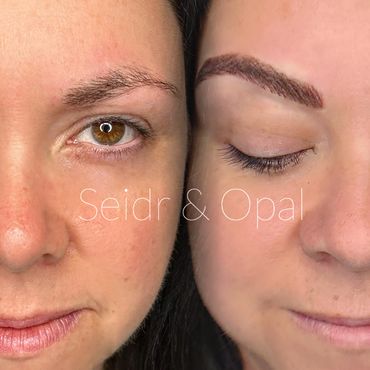 Before and after photo of nano brows for permanent makeup, a form of Cosmetic Tattooing.  