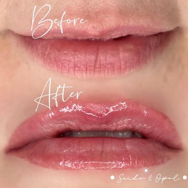 Before and after photo of lip blushing for permanent makeup, a form of Cosmetic Tattooing. 