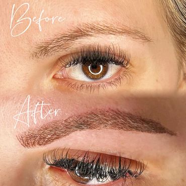Before and after photo of combo brows for permanent makeup, a form of Cosmetic Tattooing.  