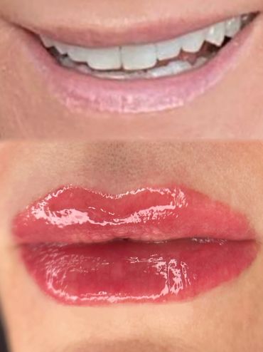 Before and after photo of lip blushing for permanent makeup, a form of Cosmetic Tattooing. 