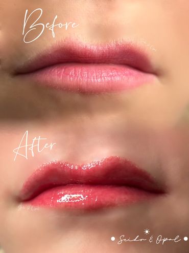 Before and after photo of lip blushing for permanent makeup, a form of Cosmetic Tattooing. 