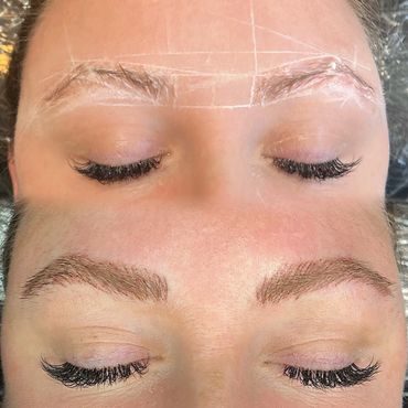 Before and after photo of combo brows for permanent makeup, a form of Cosmetic Tattooing.  