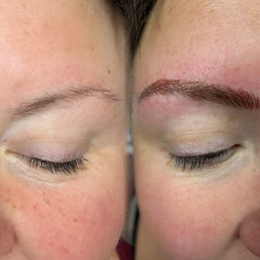 Before and after photo of nano brows for permanent makeup, a form of Cosmetic Tattooing.  