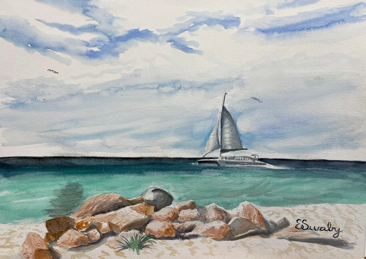 Aruba beach with Sailboat Watercolor on Paper