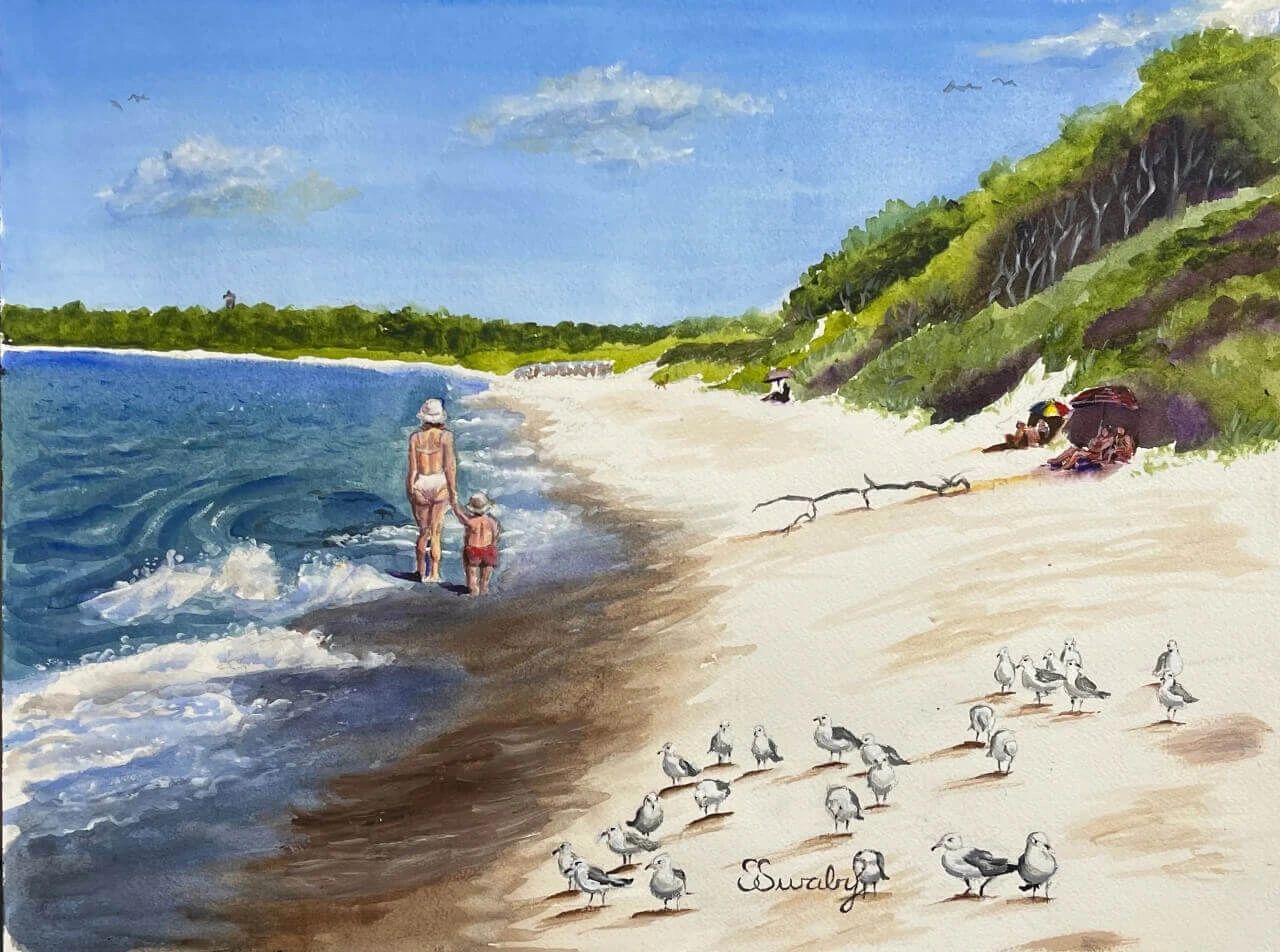 Cape Cod Beach with Mother and Son Painting 

