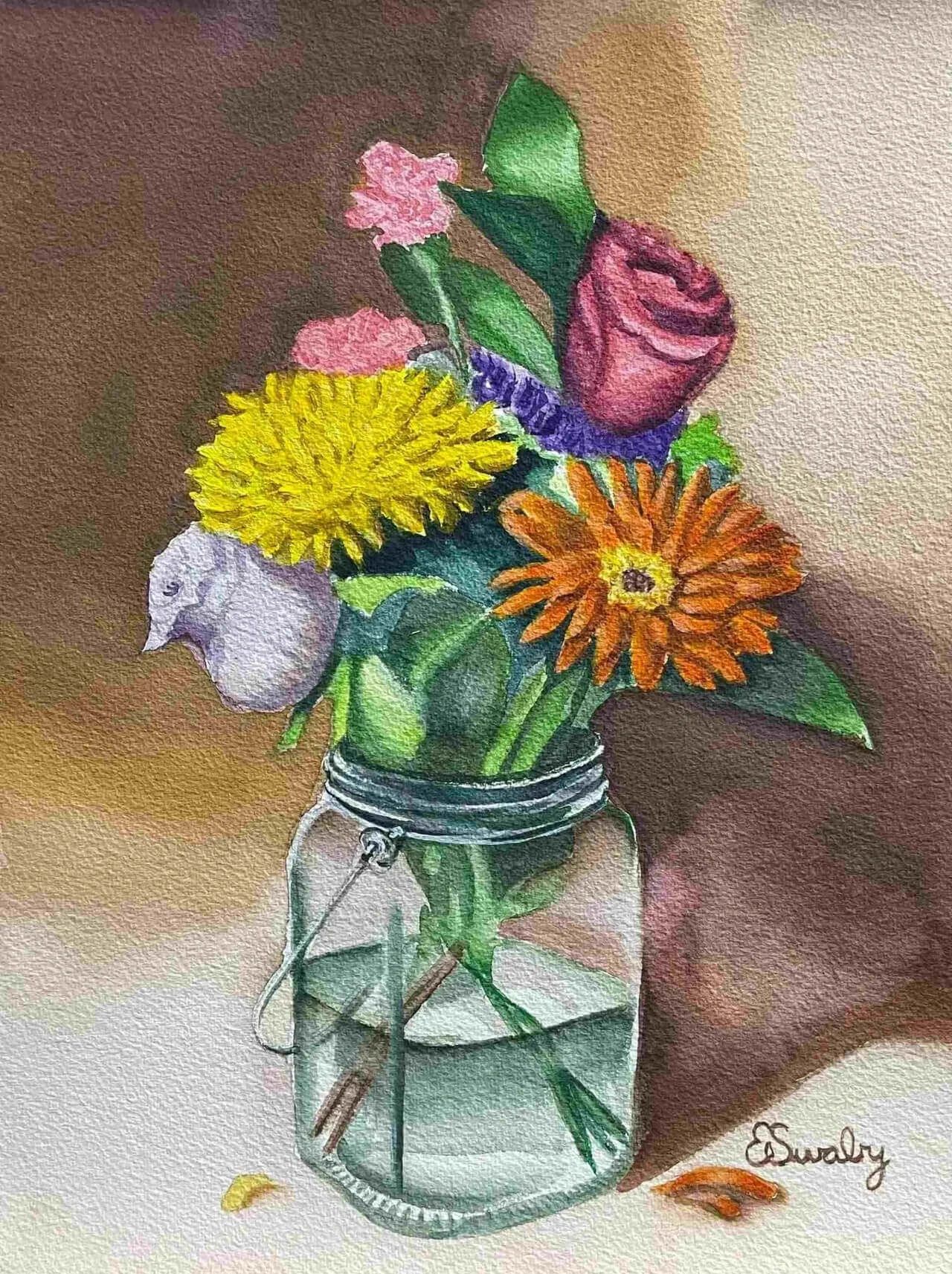 Flowers in Glass Jar Watercolor and Acrylic on Paper
