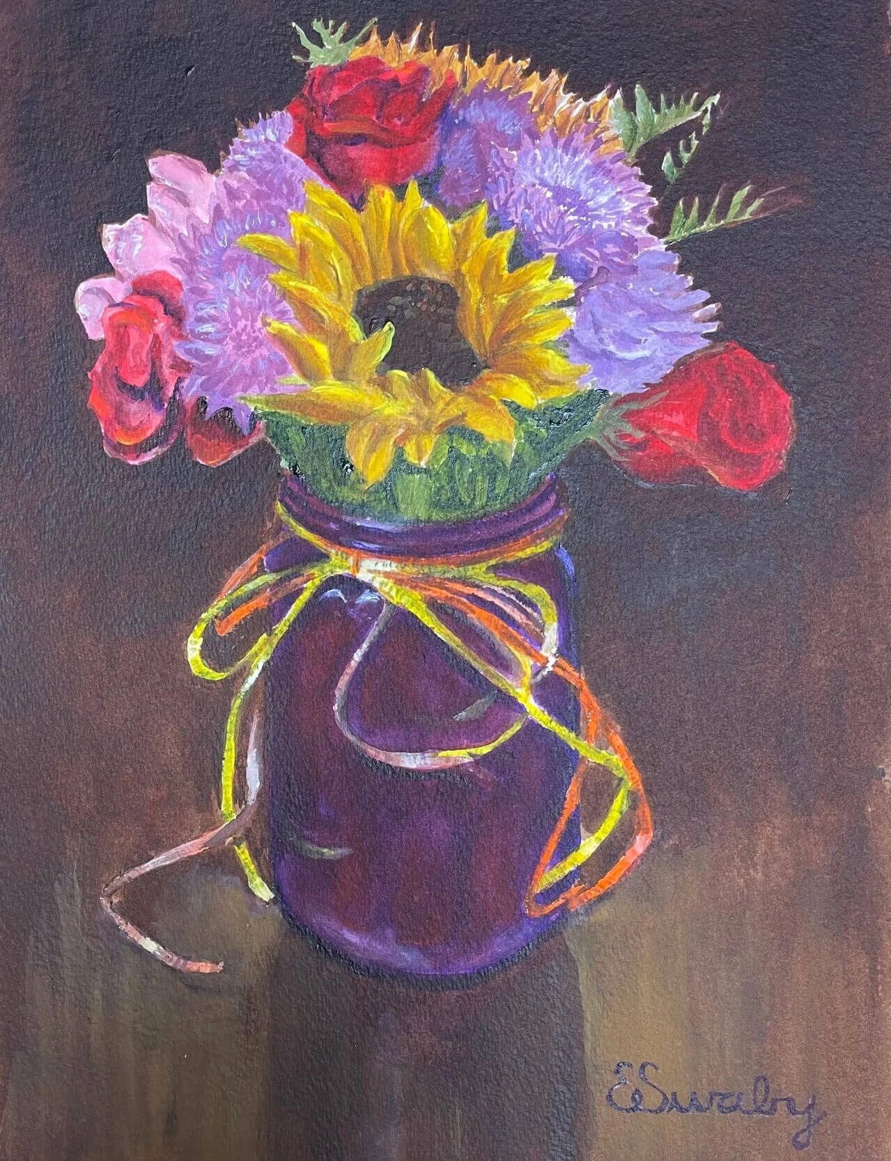 Flowers with Ribbon Around Vase Acrylic on Paper