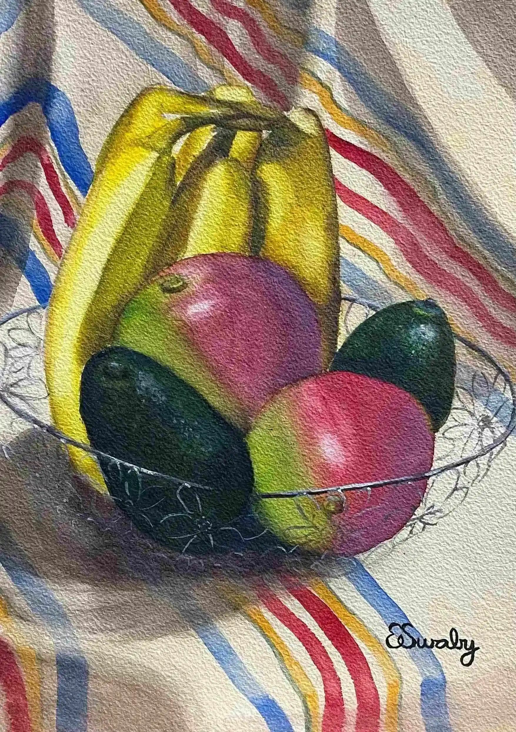 painting of fruit bowl of avocado, bananas, and mango  