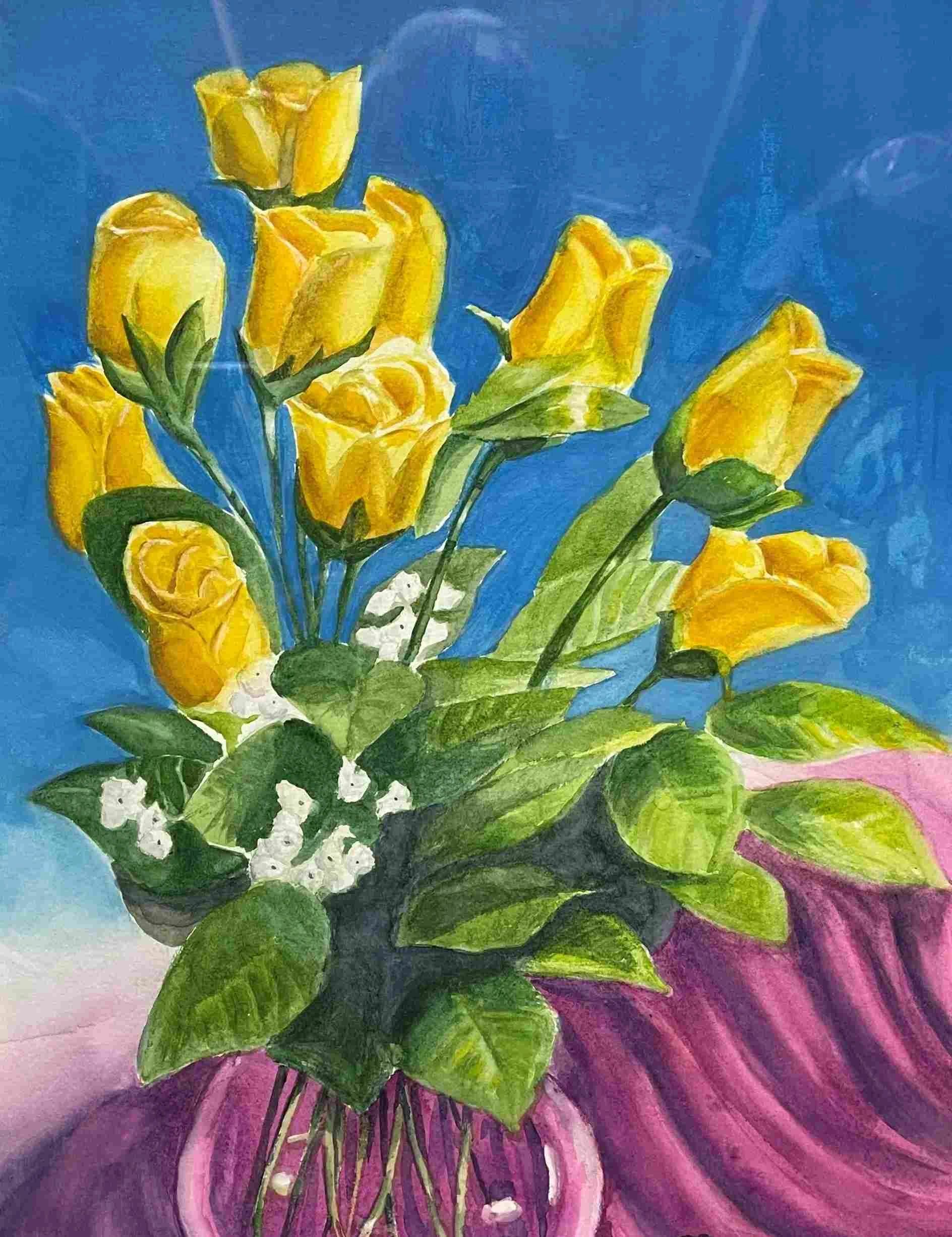 Flowers in Jar with Ribbon Watercolor on Paper