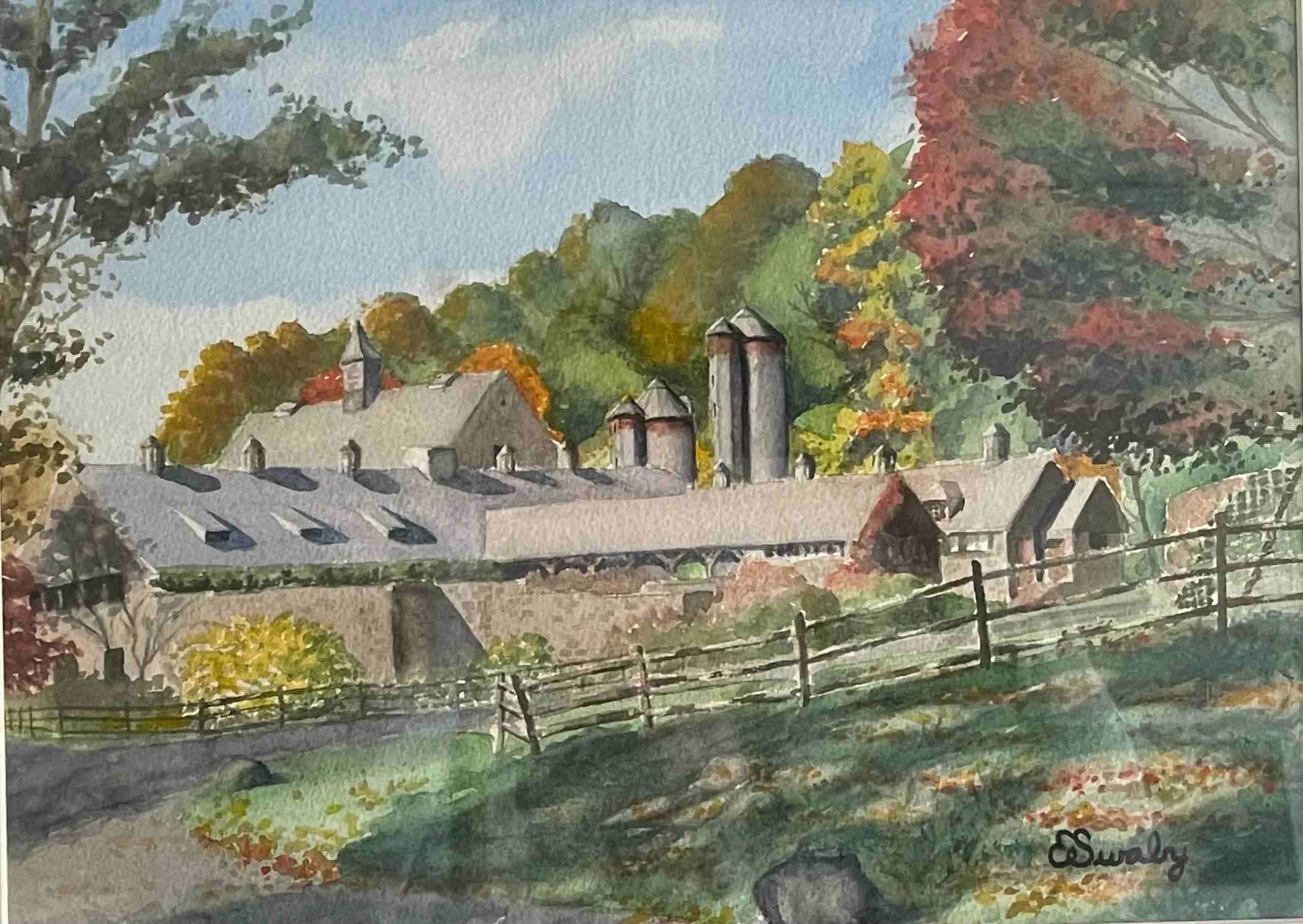 Stone Barns and Red Maple Watercolor on Paper