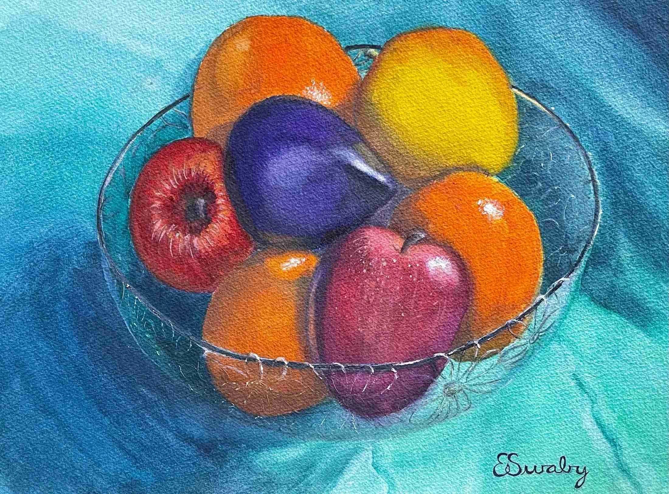 painting of a bowl with orange, apple, and other fruits 