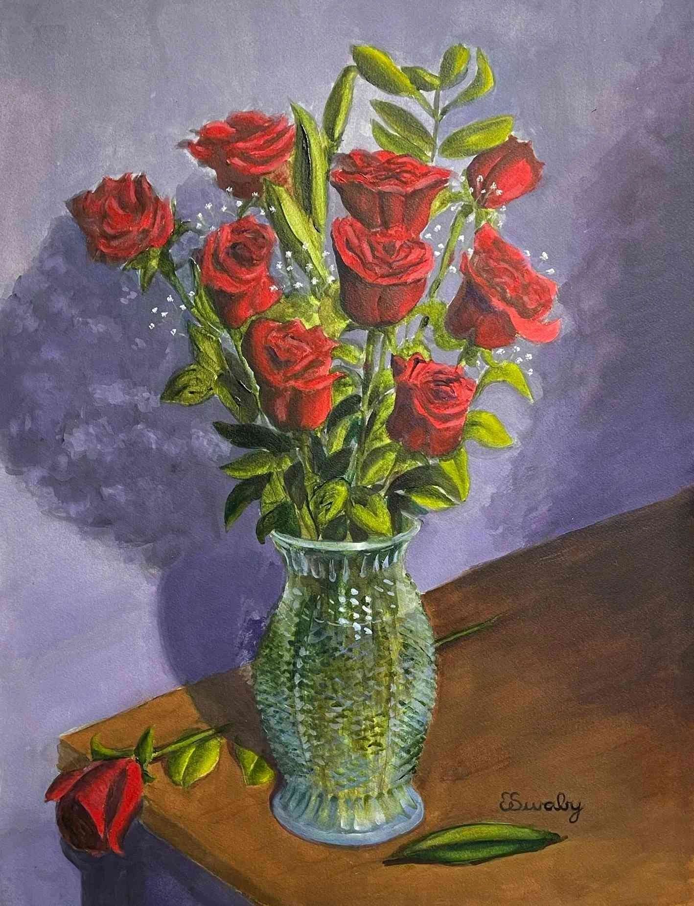 Roses in Crystal Vase Acrylic on Paper Mounted by Artist