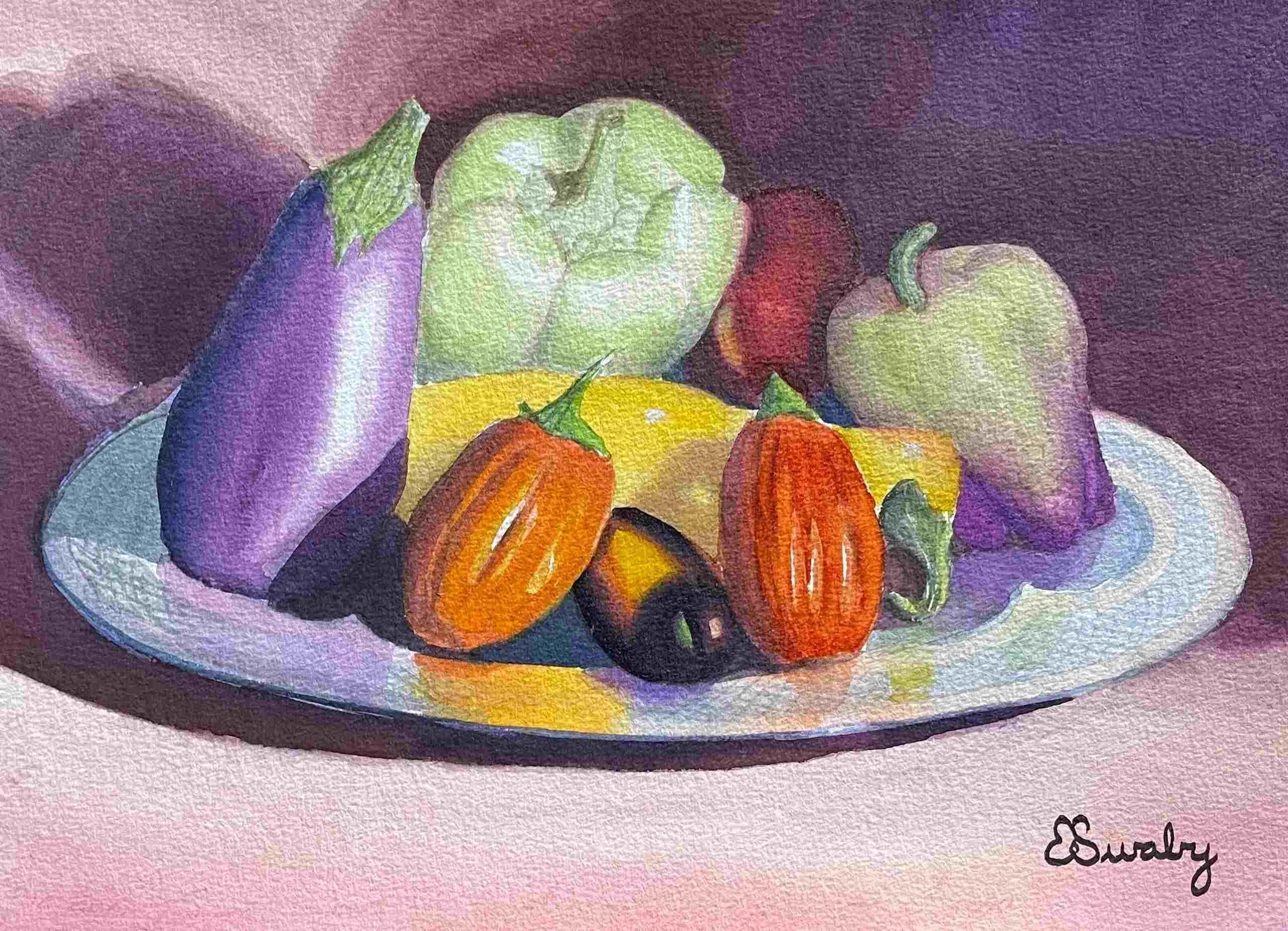 Peppers and  Eggplant on Metal Tray Painting 