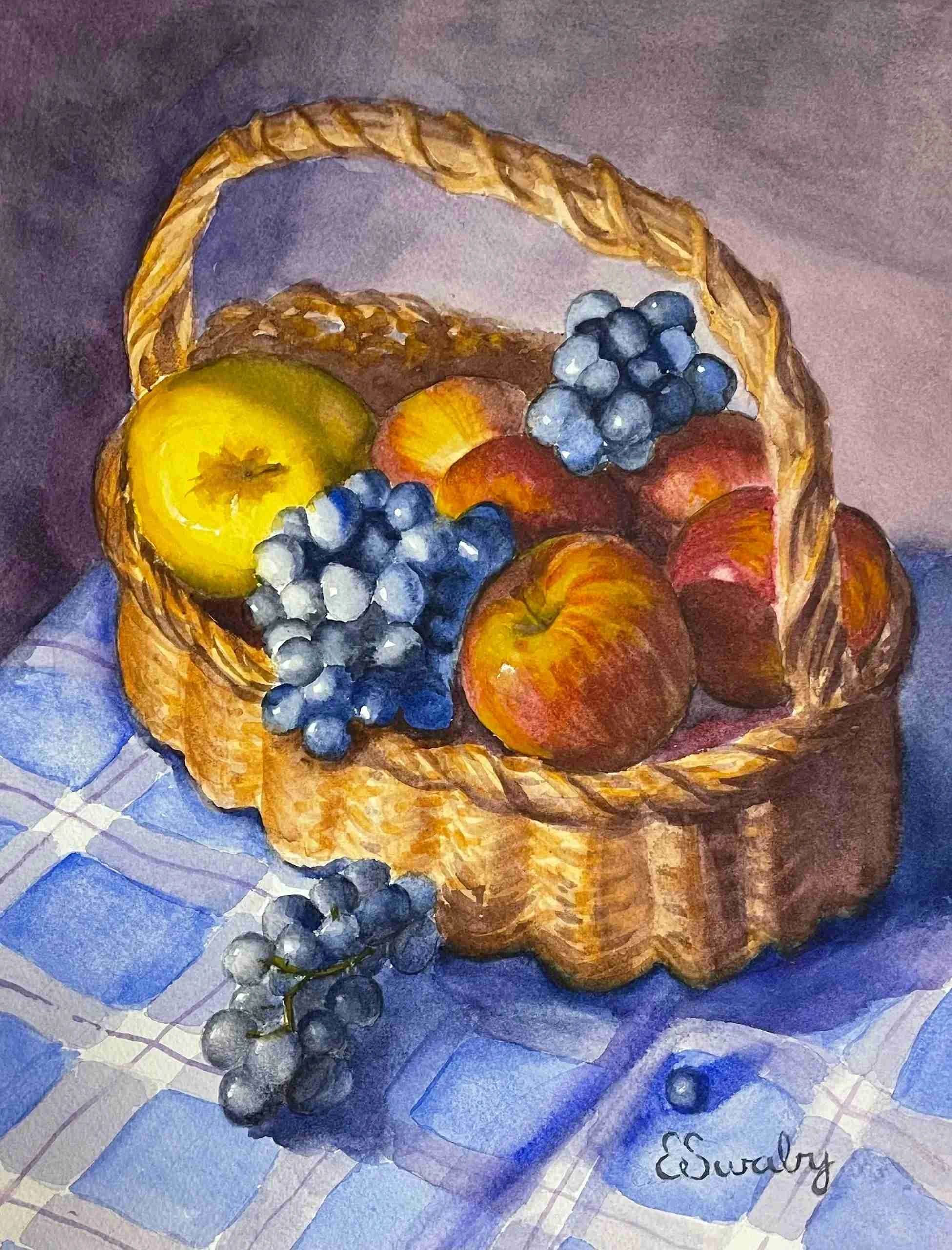 painting of fruit basket with apple, grapes, and more