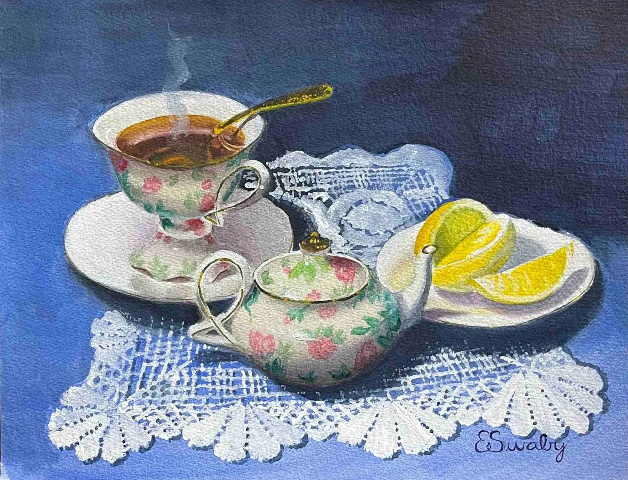 cup of tea, and lemons on a plate 