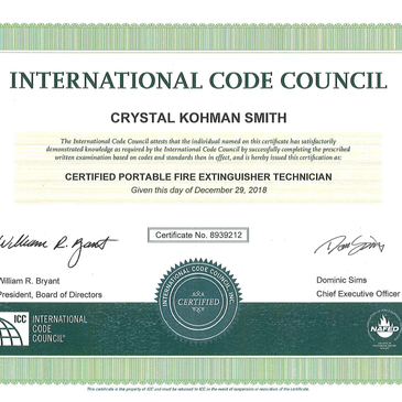 Certificate for Certified Portable Fire Extinguisher Technician.